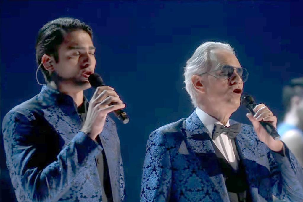 The Oscars In Memoriam segment featured singer Andrea Bocelli and his son Matteo and a group of dancers.