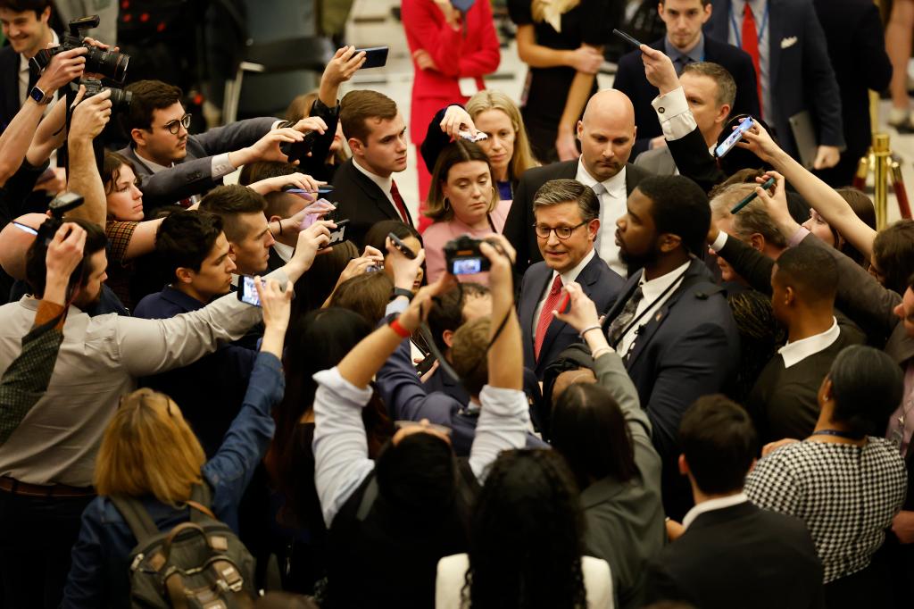 US Speaker of the House Mike Johnson speaks to reporters after Biden's State of the Union address on March 7, 2024.