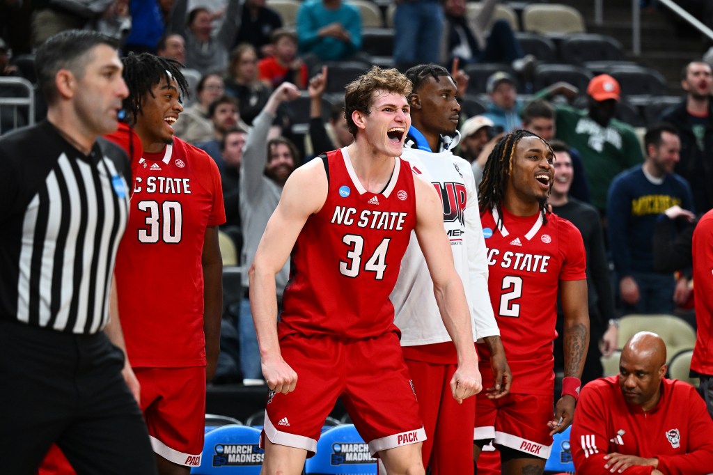 Ben Middlebrooks #34 of the North Carolina State Wolfpack reacts during the second half of a game against the Texas Tech Red Raiders in the first round of the NCAA Men's Basketball Tournament at PPG PAINTS Arena on March 21, 2024 in Pittsburgh, Pennsylvania.