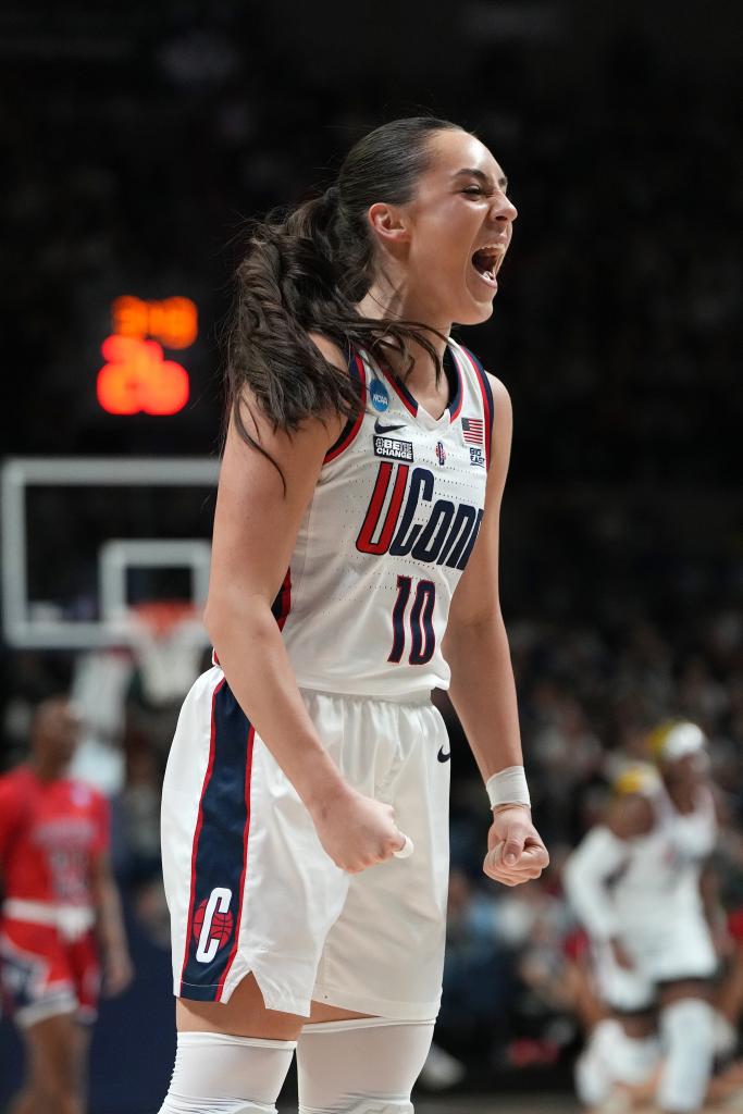 Nika Muhl #10 of the Connecticut Huskies reacts against the Jackson State Tigers during the first half of a first round NCAA Women's Basketball Tournament game at the Harry A. Gampel Pavilion