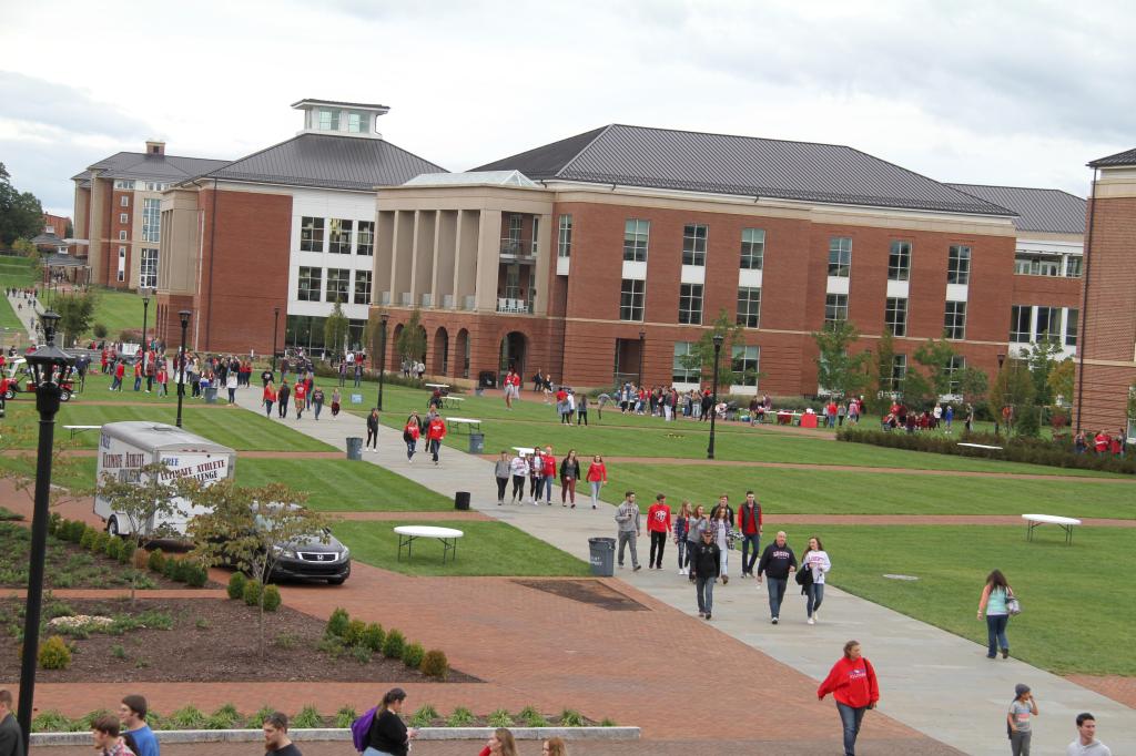 View of Liberty University campus with a group of people walking.