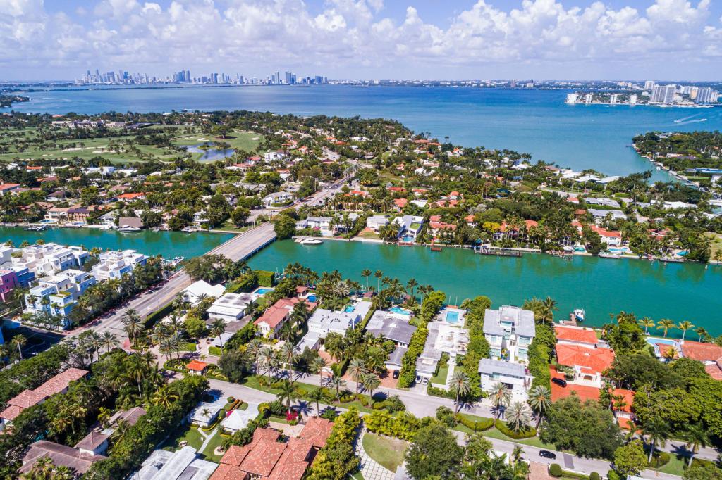 A shot of Miami Beach, with the Miami skyline in the distance.