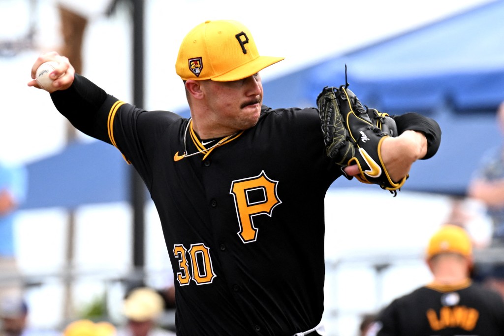 Pittsburgh Pirates pitcher Paul Skenes (30) throws a pitch in the spring training game against the Tampa Bay Rays at CoolToday Park on March 4, 2024.