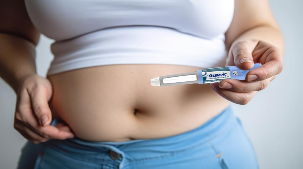 A woman holds an Ozempic injection pen in front of her stomach.