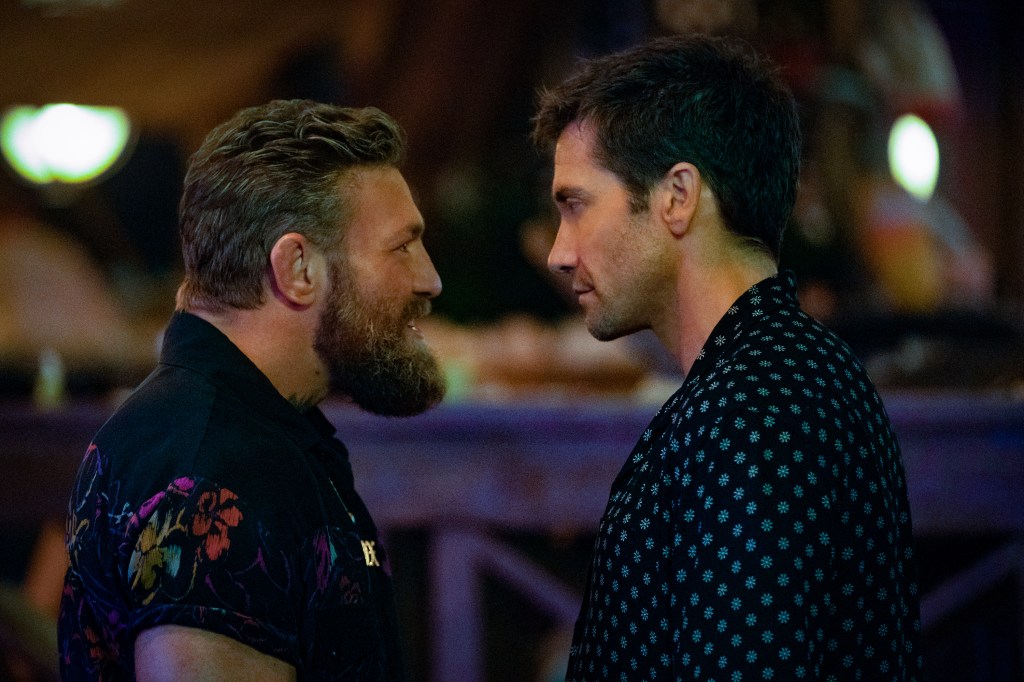 This image released by Prime Video shows Conor McGregor, left, and Jake Gyllenhaal in a scene from "Road House."