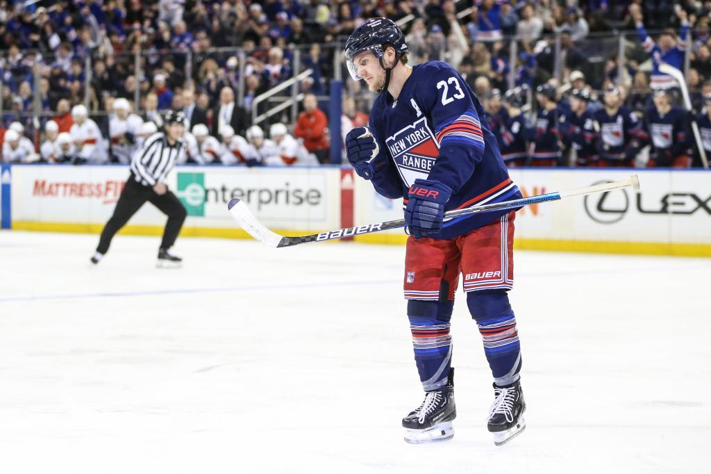 Adam Fox celebrates after scoring a second-period goal in the Rangers' 4-3 shootout win over the Panthers.