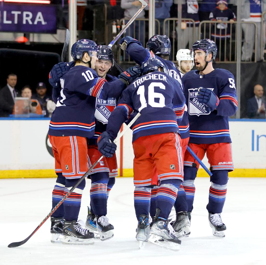 Artemi Panarin (10) celebrates after scoring the game-tying goal in the third period of the Rangers' shootout win.