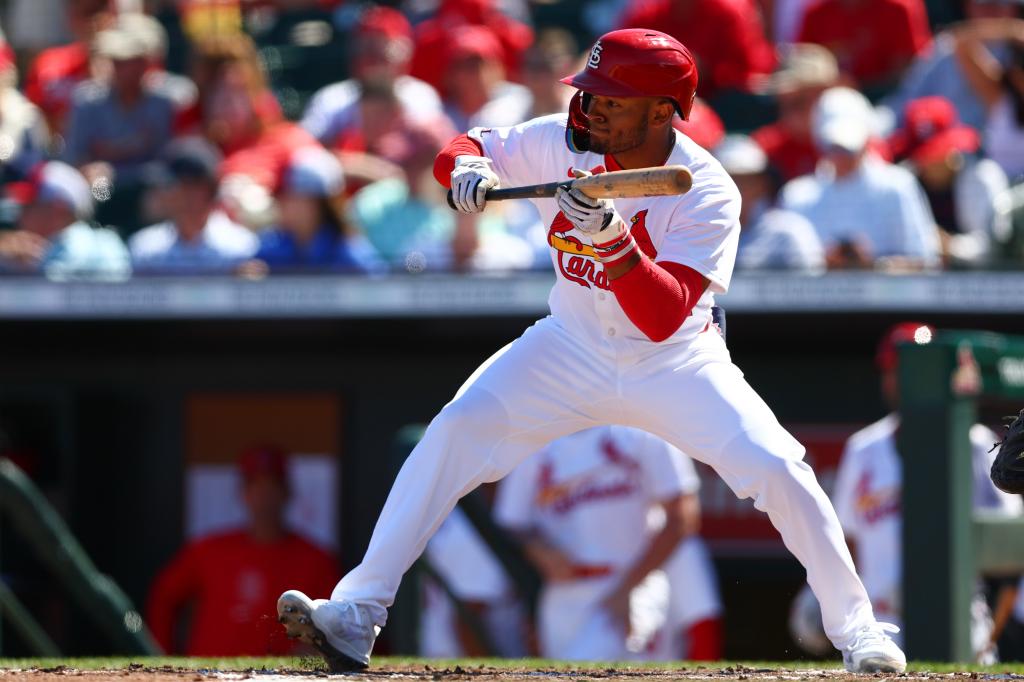 Victor Scott II #91 of the St. Louis Cardinals at bat against the Boston Red Sox during the third inning of a spring training game at Roger Dean Stadium on February 27, 2024 in Jupiter, Florida. 