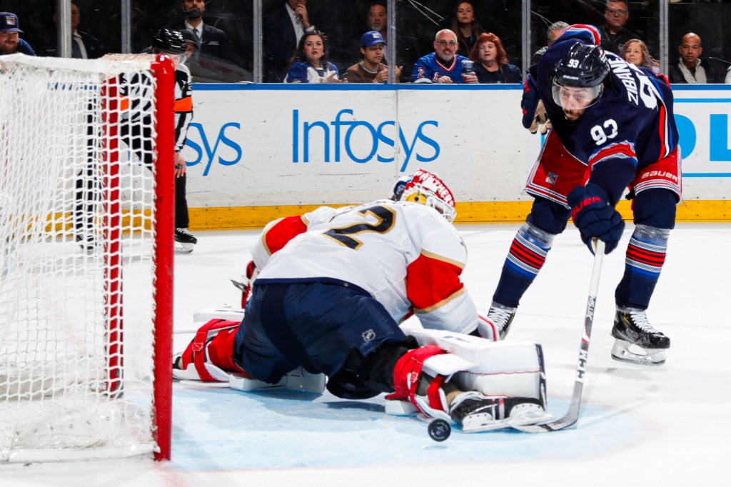 Mika Zibanejad scores a goal on Sergei Bobrovsky during the shootout in the Rangers' win.