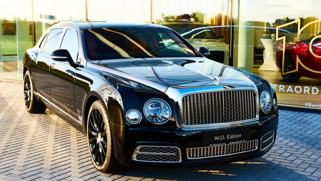 Black Bentley Mulsanne parked at a car dealership in Kyiv, Ukraine on October 02, 2019