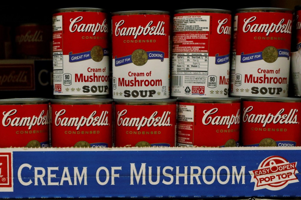 Cans of Campbell's Soup displayed in a supermarket in New York City