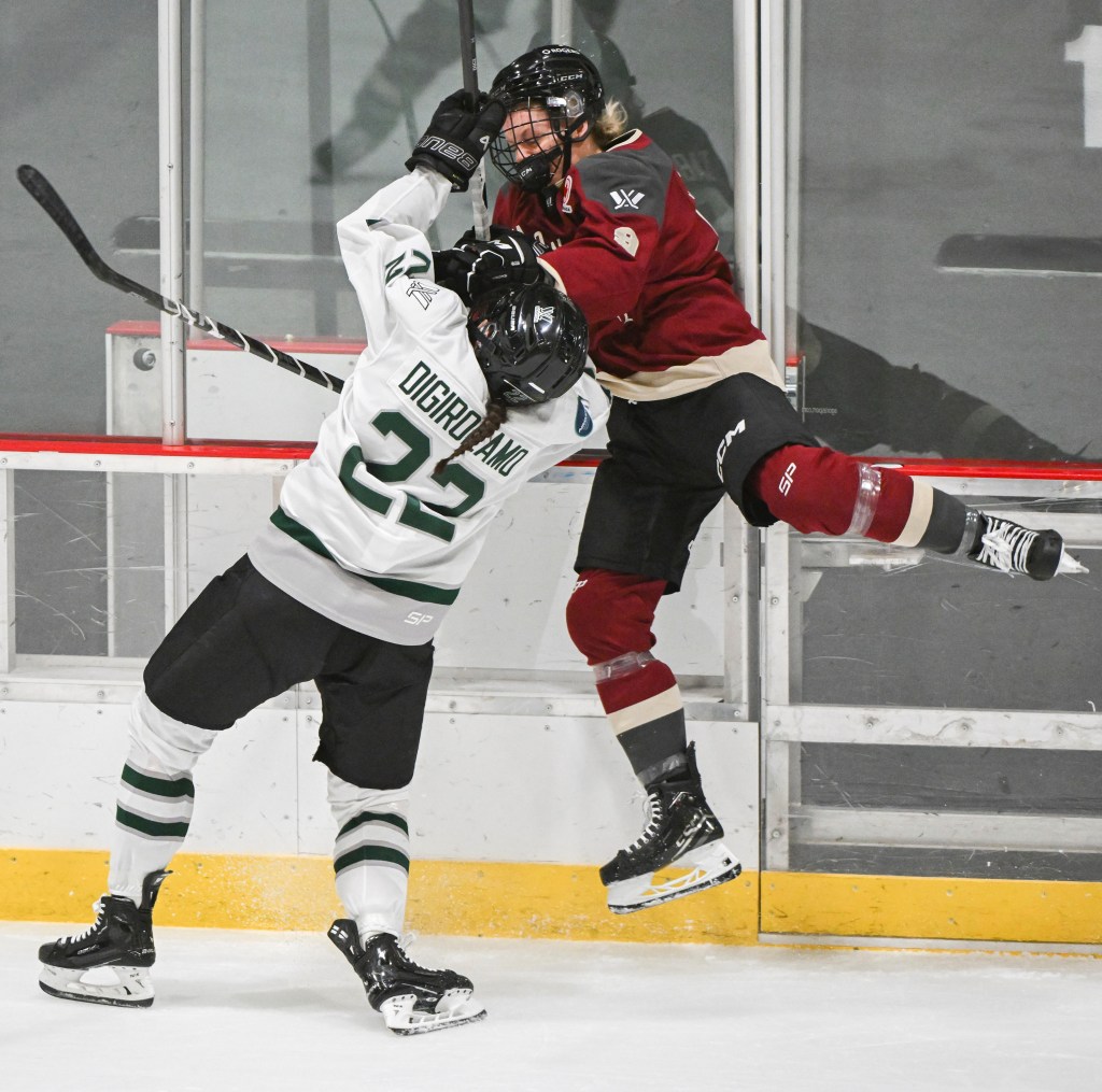 Boston's Jessica Digirolamo (22) checks Montreal's Kati Tabin, right, during third-period PWHL hockey game action in Montreal.