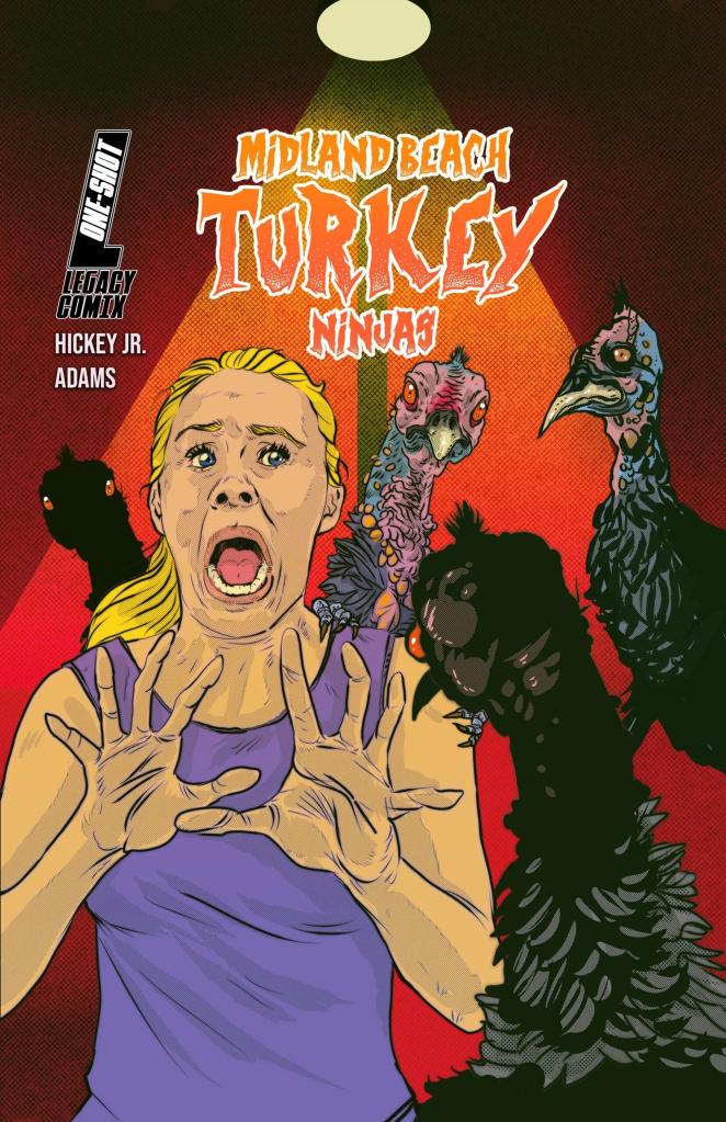 A photo of the comic book cover, which  includes a woman screaming and turkeys lurking.