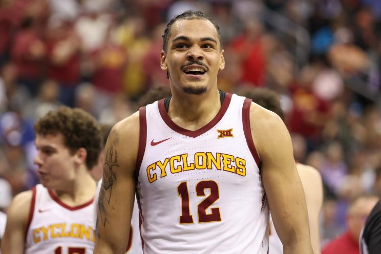 Iowa State Cyclones forward Robert Jones (12) smiles in the second half of a Big 12 tournament quarterfinal game between the Kansas State Wildcats and Iowa State Cyclones.