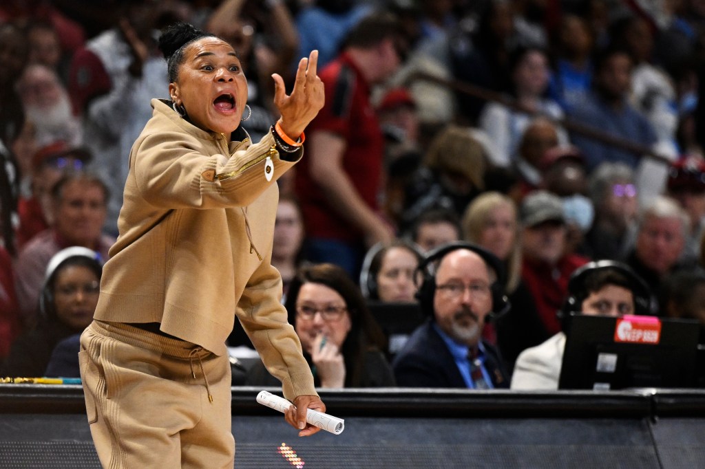 Head coach Dawn Staley of the South Carolina Gamecocks coaches against the North Carolina Tar Heels in the first quarter during the second round of the NCAA Women’s Basketball Tournament.