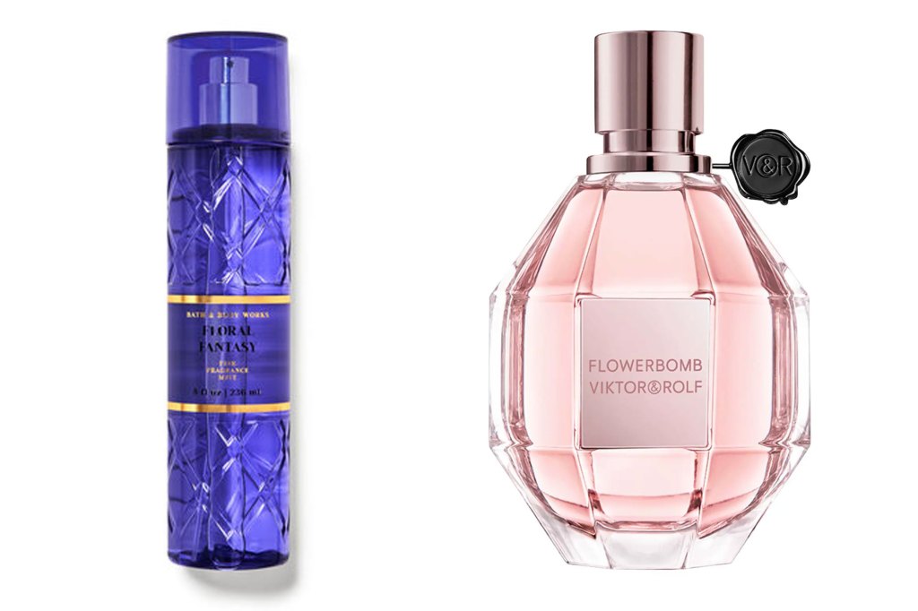 A bottle of perfume next to another bottle of perfume, both surrounded by a dreamy floral ambiance