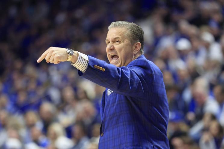 Head coach John Calipari of the Kentucky Wildcats reacts after a play during the first half in the game against the Alabama Crimson Tide.