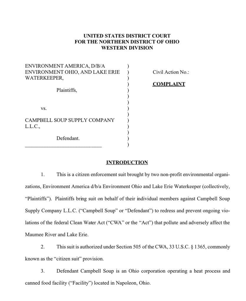 Lawsuit by environmental groups against Cambell Soup's largest facility in North America, located by Lake Erie in Napoleon, Ohio.