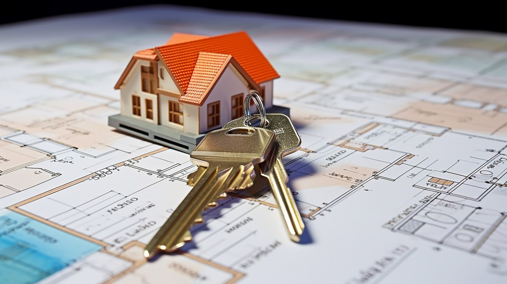 Toy house layout with keys on a floor plan symbolizing homeownership.