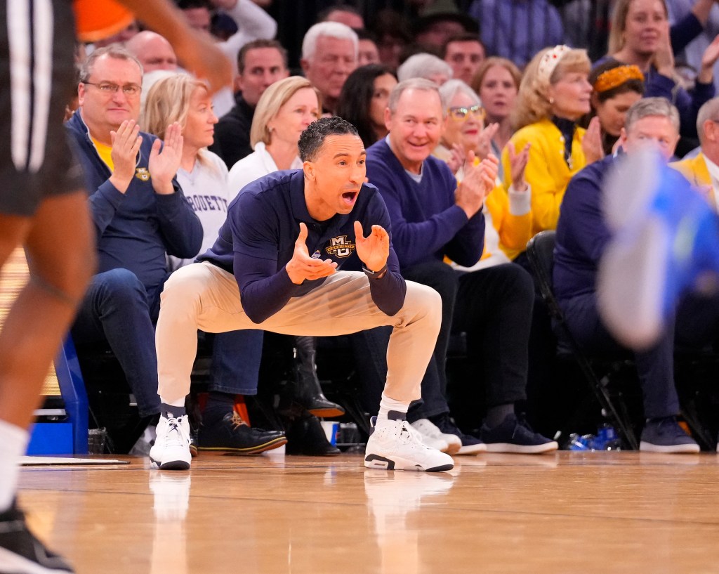 Marquette Golden Eagles head coach Shaka Smart against Providence Friars during the first half at Madison Square Garden.