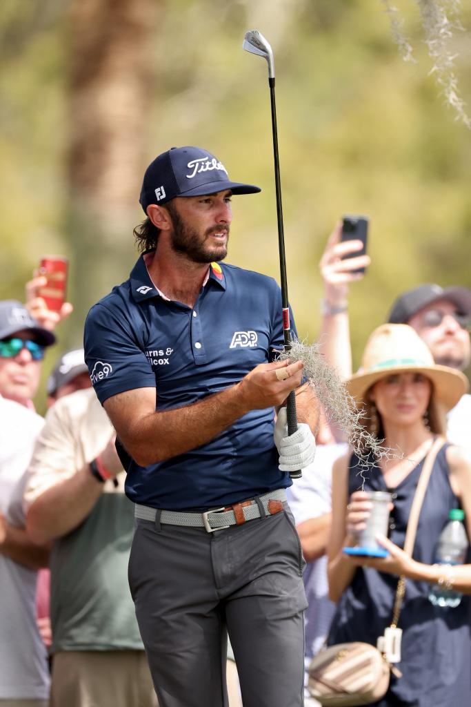 Max Homa reacts after hitting a shot on the 14th hole during the third round of the Players Championship.