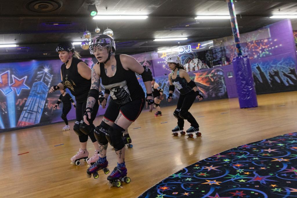 Members of the Long Island Roller Rebels practice at United Skates of America in Seaford, NY on March 19, 2024.