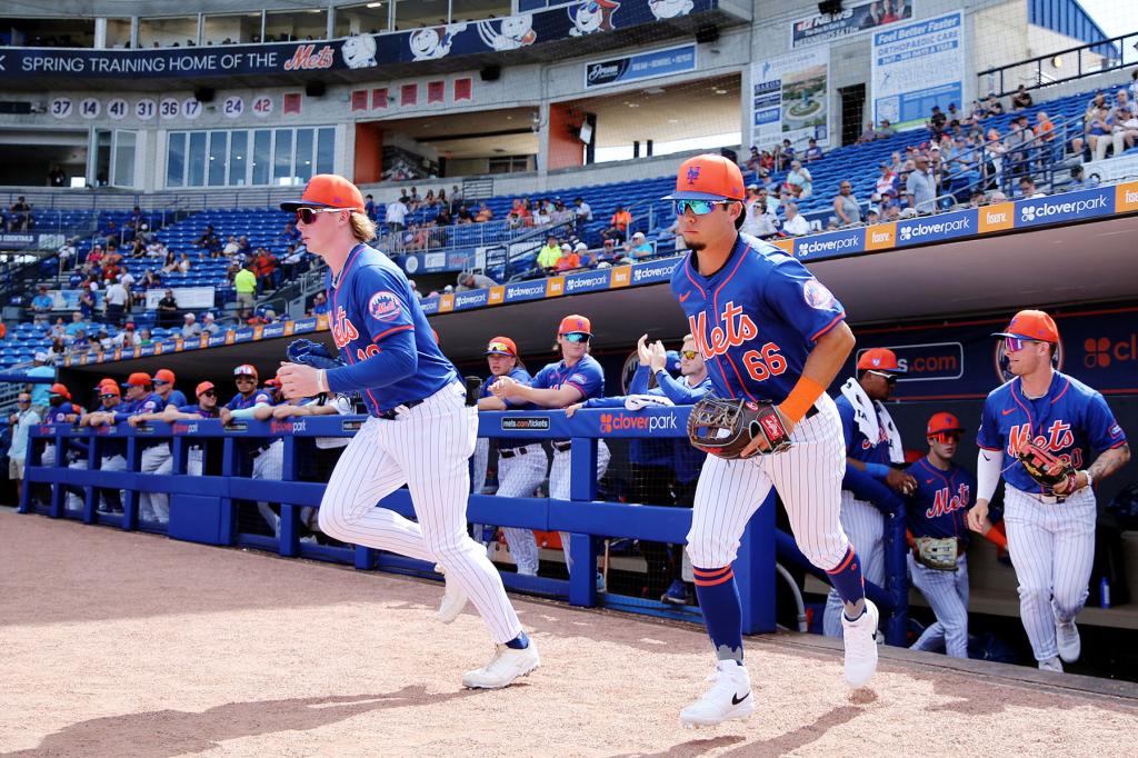 Marco Vargas #66 of the New York Mets takes the field prior to the 2024 Spring Breakout game between the Washington Nationals and the New York Mets at Clover Park on Friday, March 15, 2024 in Port St. Lucie, Florida. 