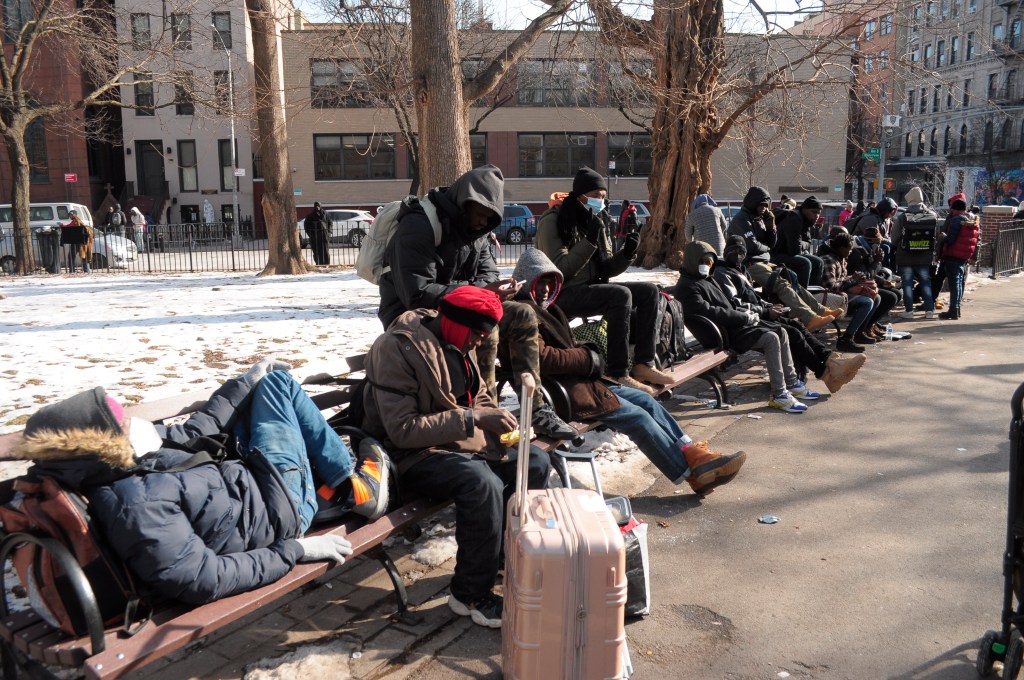 Migrants waiting outside of St. Brigid School for sheltering in Tompkins Square Park, New York City on January 22, 2024.