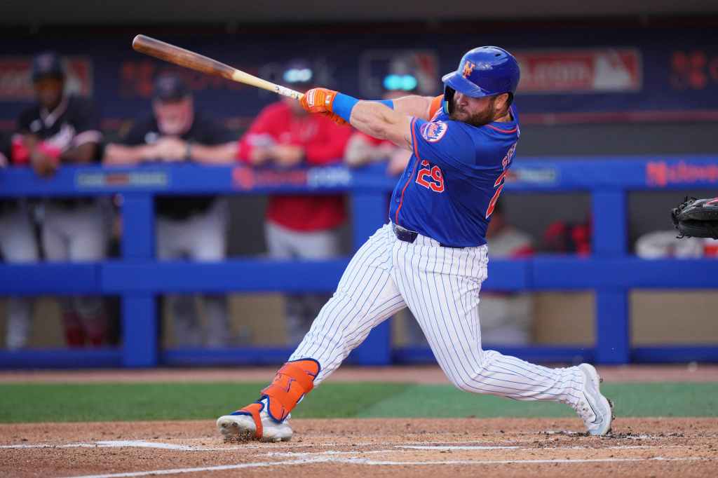 Mets left fielder DJ Stewart (29) hits a home run in the first inning against the Washington Nationals at Clover Park. 