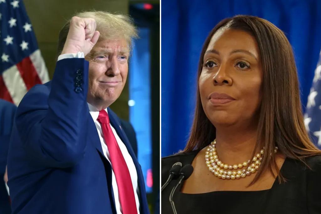 Split screen with Donald Trump (left) and Letitia James. 