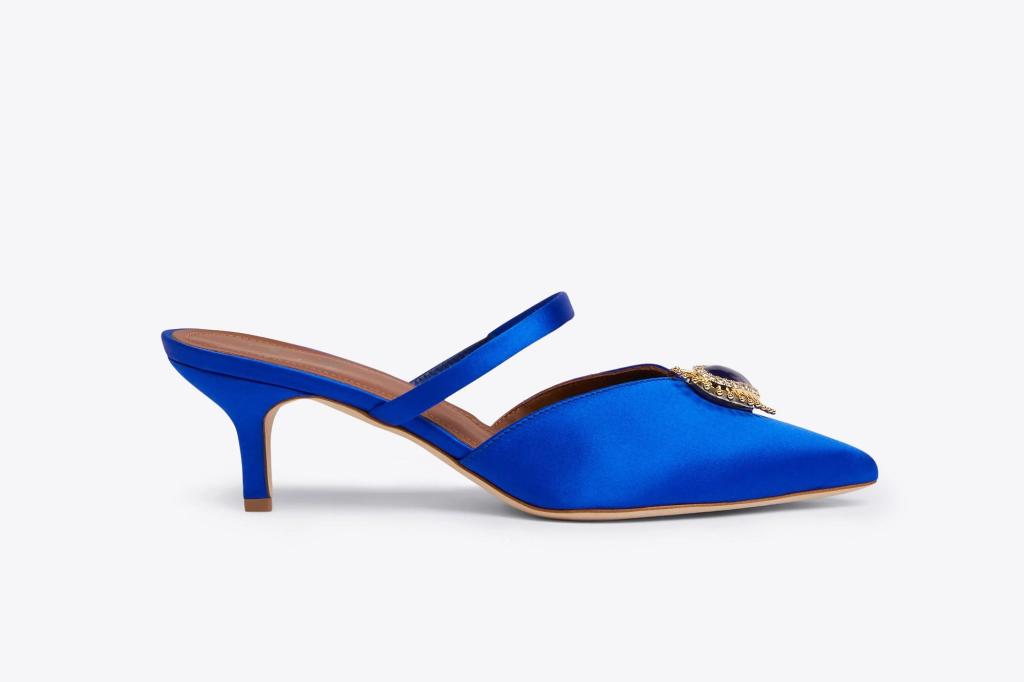 An image of blue satin Malone Souliers kitten heels