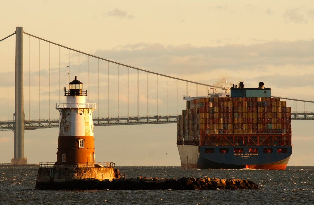 The Verrazzano Bridge's tower bases are buttressed with large rock walls intended to run wayward ships aground