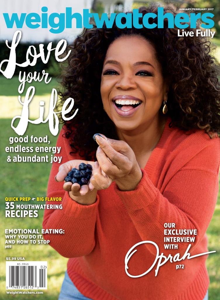 Oprah Winfrey holding blueberries and smiling, cover of Weight Watchers magazine, January/February 2017.