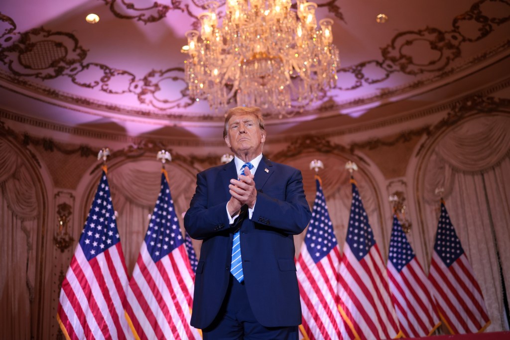 Republican presidential candidate, former President Donald Trump greets supporters after speaking at an election-night watch party at Mar-a-Lago on March 5, 2024 in West Palm Beach, Florida. Sixteen states held their primaries and caucuses today as part of Super Tuesday. 