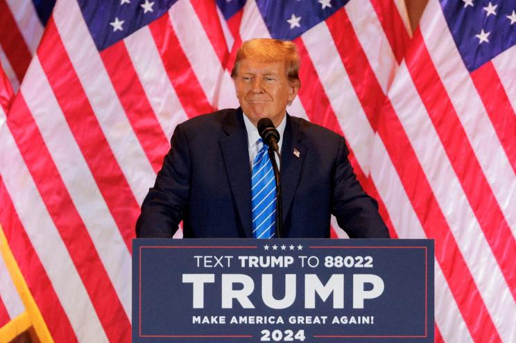 Republican presidential candidate and former U.S. President Donald Trump reacts as he speaks at a watch party event to mark the Super Tuesday primary elections at his Mar-a-Lago property.