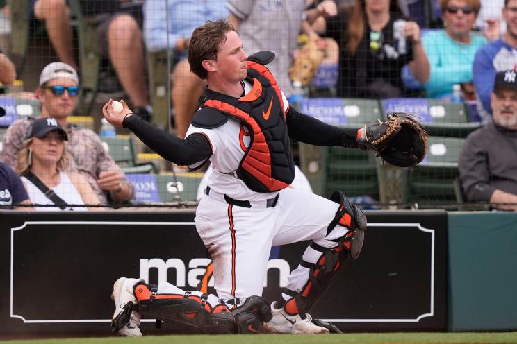 Baltimore Orioles catcher Adley Rutschman (35) throws to the pitcher after grabbing a pop foul by New York Yankees Trent Grisham in the fourth inning of a spring training baseball game in Sarasota, Fla., Saturday, March 2, 2024.