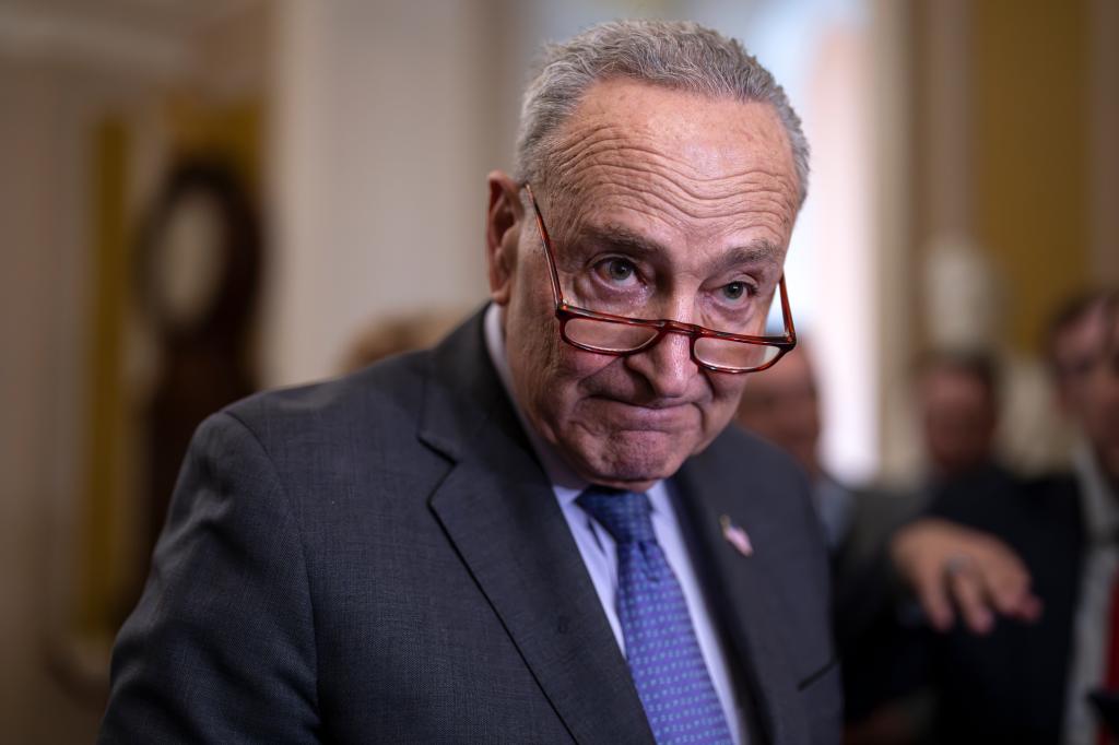 Senate Majority Leader Chuck Schumer in a suit and tie, speaking to reporters at the Capitol in Washington about efforts to pass spending bills, to avoid a government shutdown.