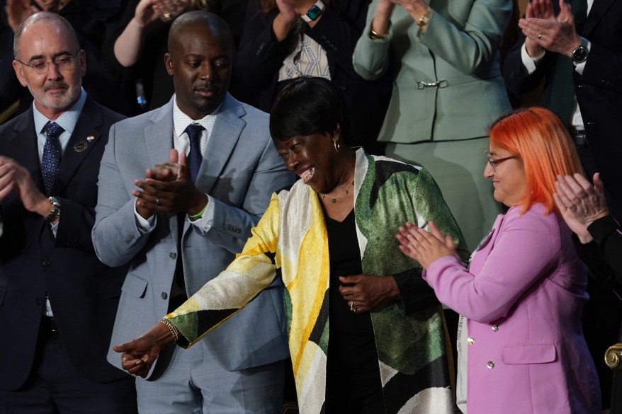 Singer and civil rights advocate Bettie Mae Fikes, from Selma, Alabama, acknowledges applause from the first lady's box