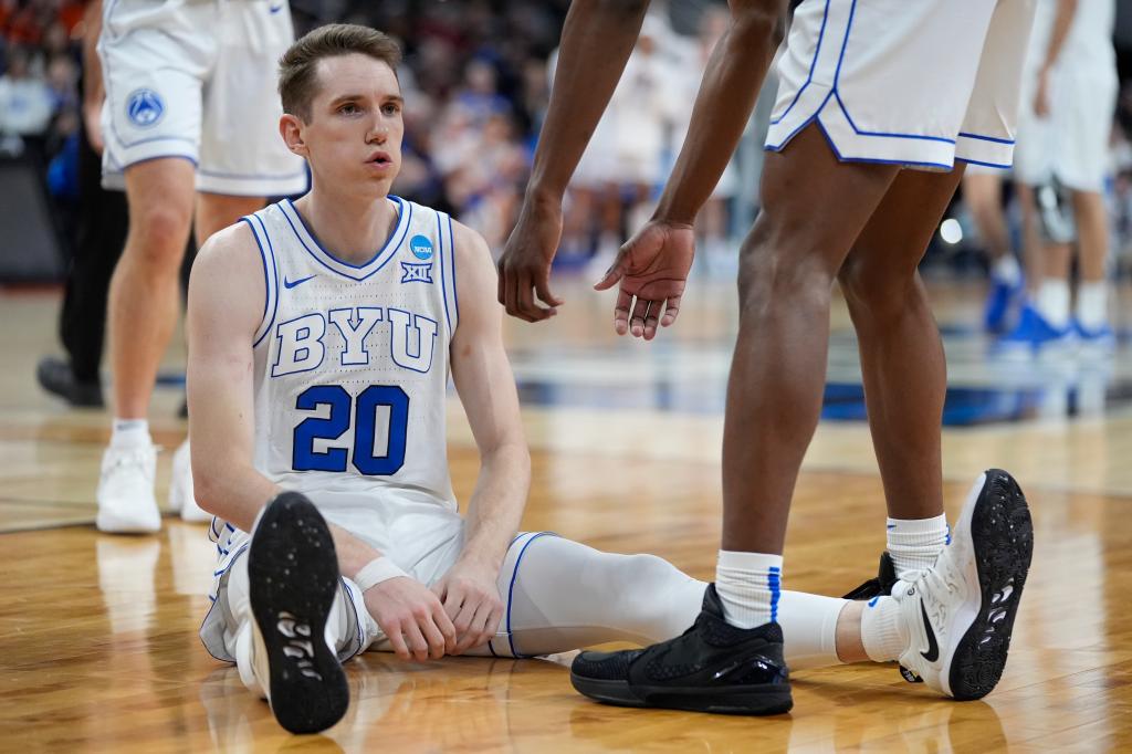 Spencer Johnson reacts during BYU's loss to Duquesne on March 21, 2024. 