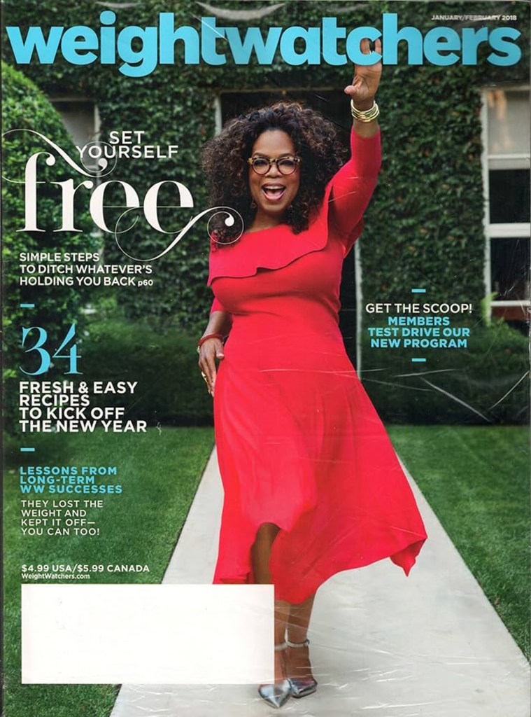 Oprah Winfrey on magazine cover wearing a red dress, talking about why she left the WeightWatchers board after 10 years.