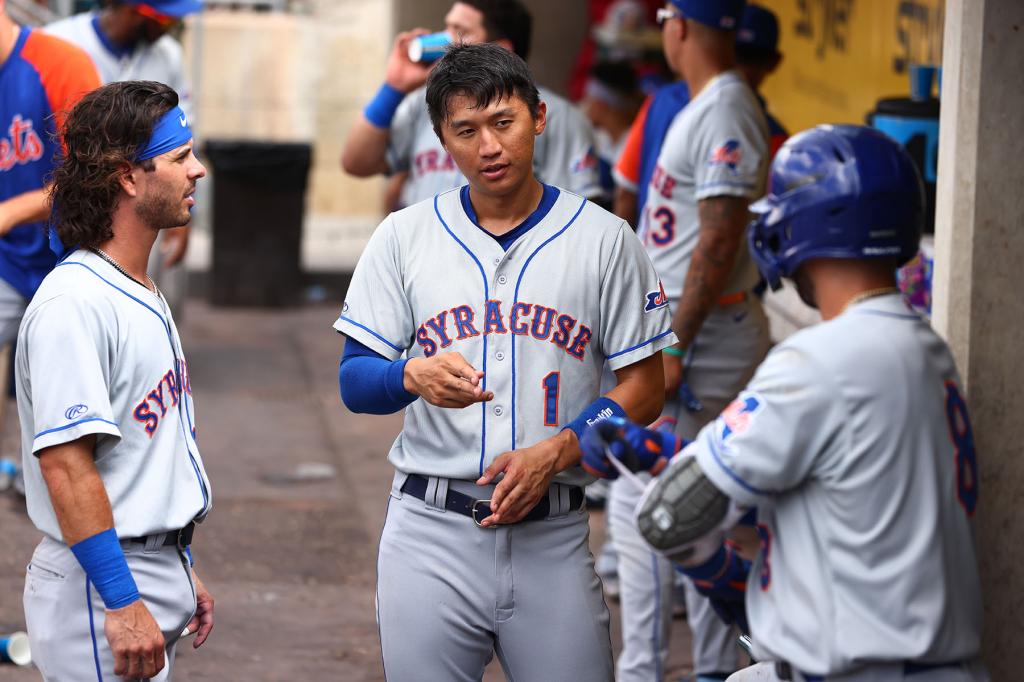 Gosuke Katoh #1 of the Syracuse Mets during a game against the Lehigh Valley IronPigs at Coca-Cola Park on August 2, 2022 in Allentown, Pennsylvania. 