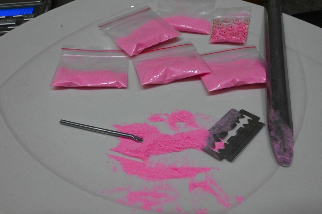 Bags containing a powder known as Tussi or pink cocaine are pictured in Medellin, Colombia, on April 2, 2022. 