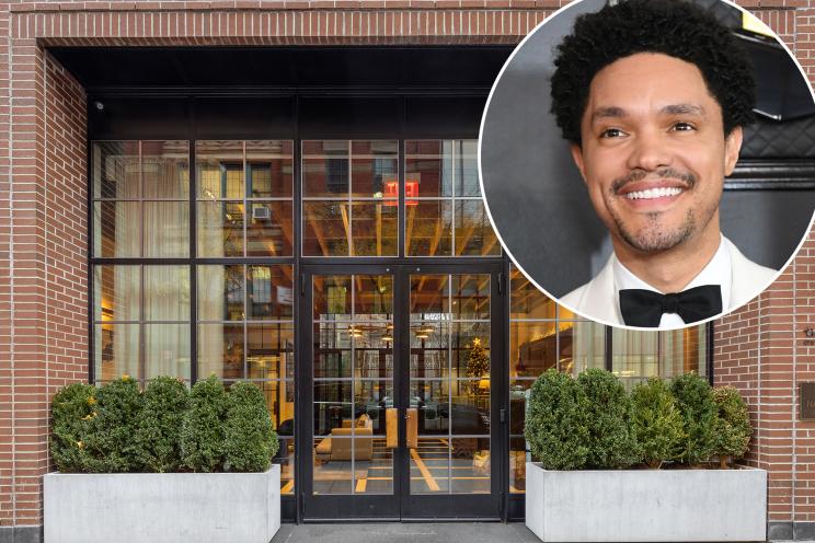 Trevor Noah inset on photo of The Shephard apartment building facade.