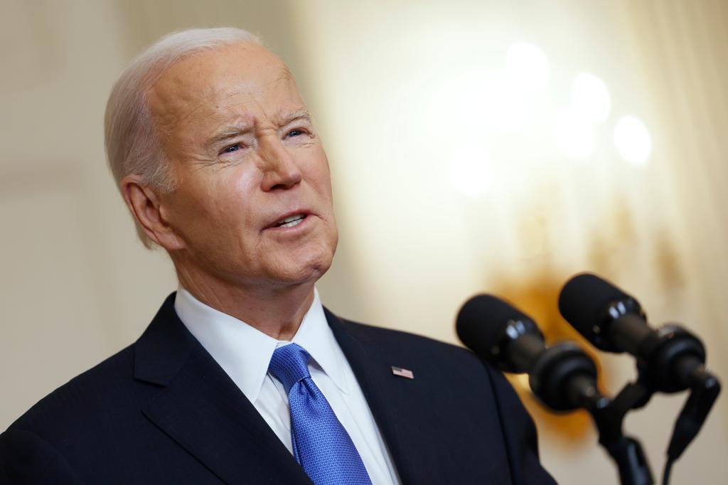 U.S. President Joe Biden speaking at the White House about the Senate's recent passage of the National Security Supplemental Bill