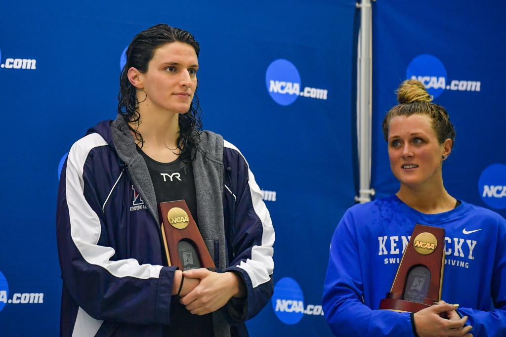 University of Pennsylvania swimmer Lia Thomas and Kentucky swimmer Riley Gaines react after finishing tied for 5th in the 200 Freestyle finals at the NCAA Swimming and Diving Championships on March 18th, 2022