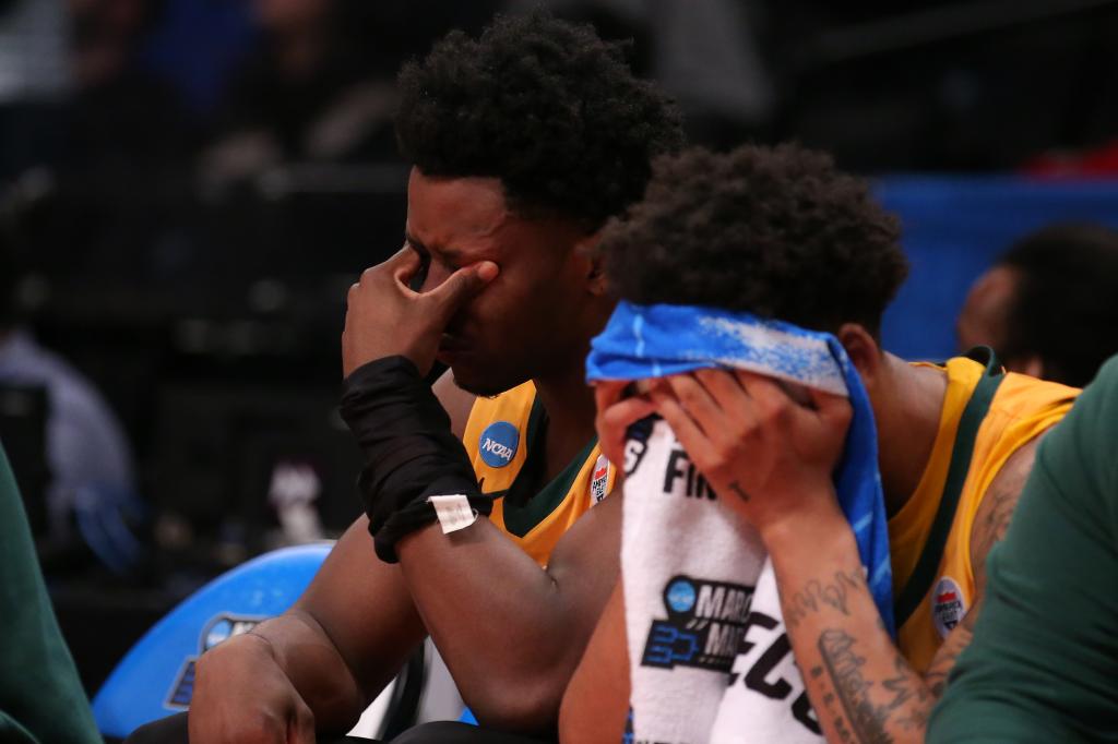 Vermont Catamounts guard Sam Alamutu (2) and Vermont Catamounts guard Aaron Deloney (1) react after the game against the Duke Blue Devils in the first round of the 2024 NCAA Tournament at the Barclays Center.