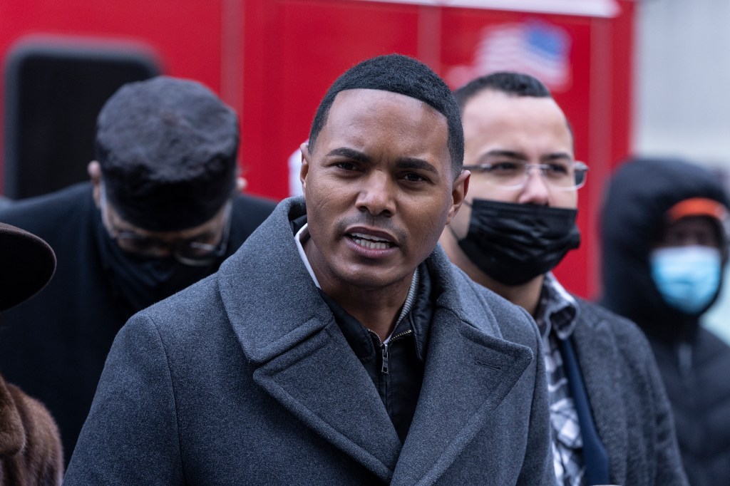 Congressman Ritchie Torres speaking at a joint press conference with Senator Kirsten Gillibrand outside a building in Bronx, New York