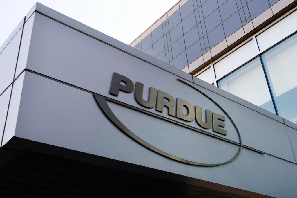 Purdue Pharma logo displayed on the exterior of its office building in Stamford, Connecticut in 2007