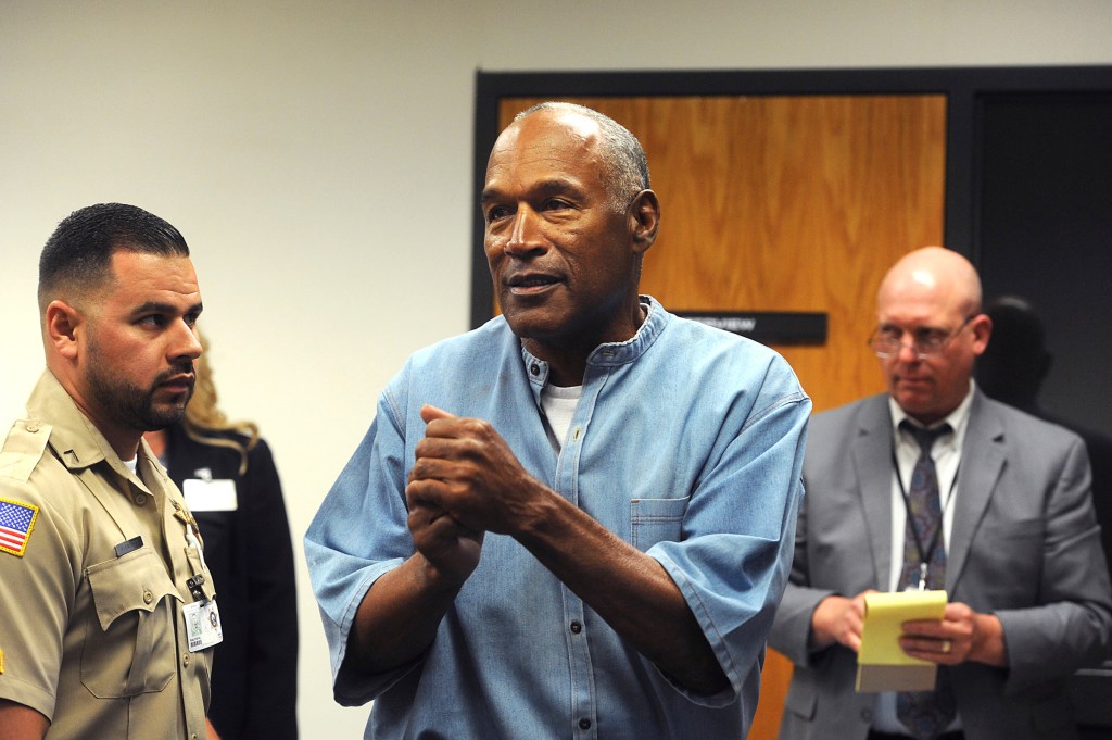 Former NFL football star O.J. Simpson reacting after being granted parole at Lovelock Correctional Center in July 20, 2017.