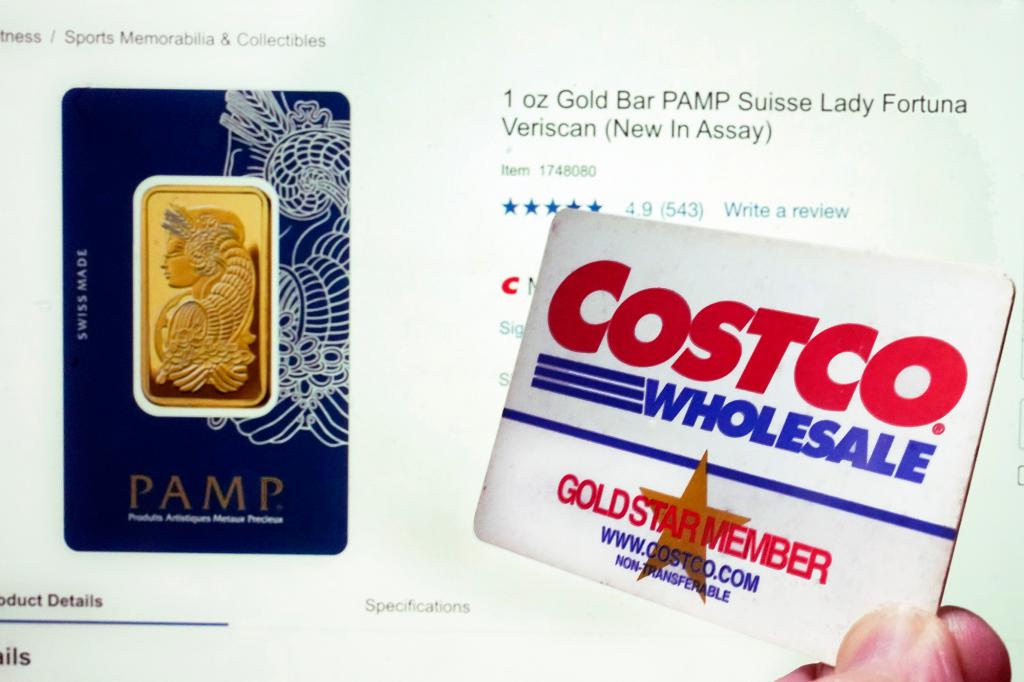 A Costco webpage featuring a one-ounce Gold Bar PAMP Suisse Lady Fortuna Veriscan and a Costco membership card, reflecting Costco's successful online gold bar sales.